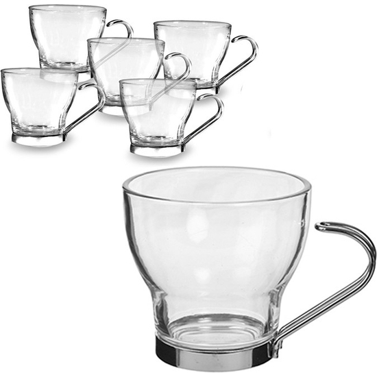 Set mit 6 Tassen, Kaffee-Cappuccino-Latte-Tassen aus Glas mit Metallgriff, 10 cl