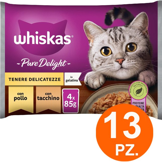 Whiskas Pure Delight Katzenfutter, zarte Delikatessen, Huhn, Truthahn, 52 Beutel